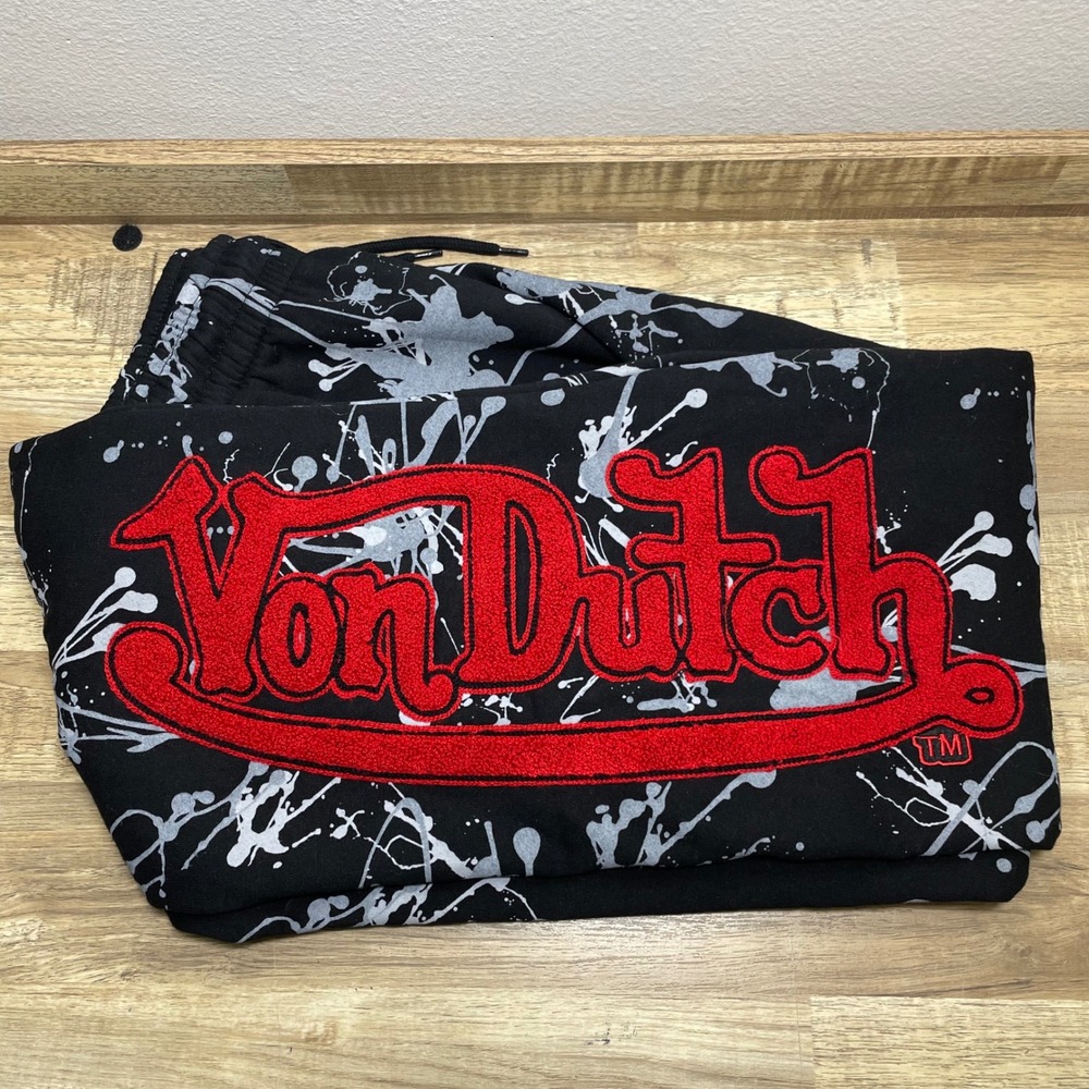 Von Dutch Men Black Paint Splatter Red Chenille Logo Jogger Sweatpants Large New